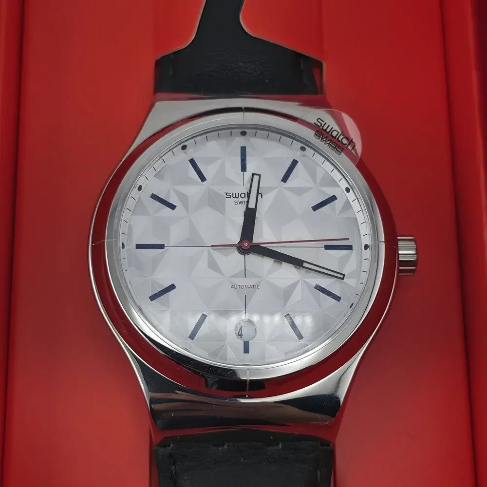 Swatch Sistem51 Automatic Puzzle YIS408 42mm Silver Dial Leather Strap New